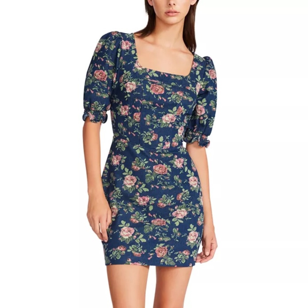 Betsey Johnson Square-Neck Puff-Sleeve Denim Corset Floral Dress Size M NWT